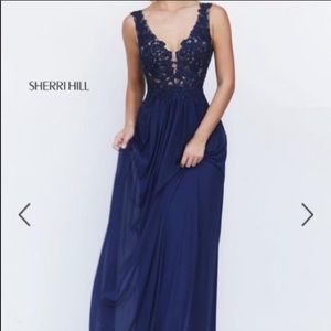 Sherri Hill navy blue prom dress with embroidery